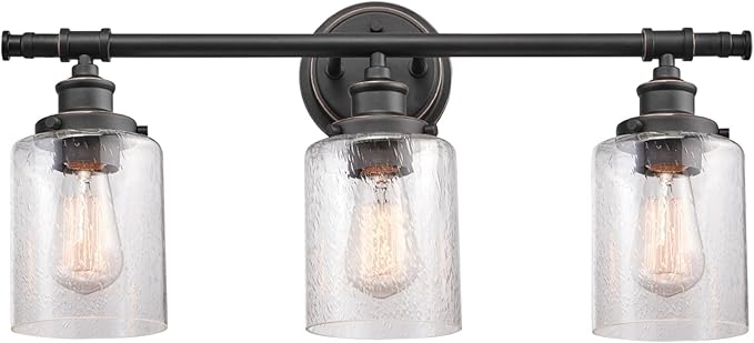 Globe Electric 51415 Camden 5-Piece All-in-One Bathroom Set, 3 Vanity Light with Seeded Glass Shades, Bar, Towel Ring, Robe Hook, Toilet Paper Holder, Bronze