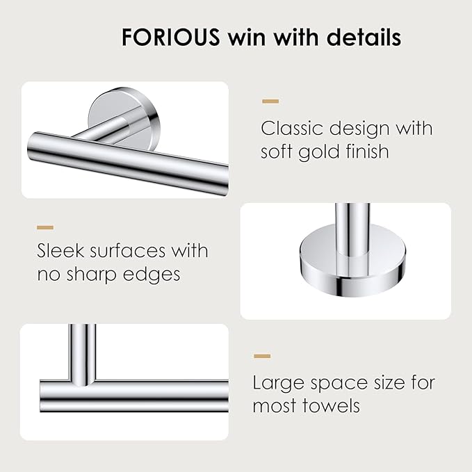 FORIOUS Towel Bar Wall Mounted, Stainless Steel Towel Racks for Bathroom, Includes Wall Mounting Hardware (Chrome, 14 Inch)