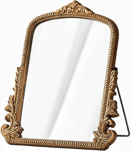 TenFuju Small Gold Vintage Vanity Mirror, Antique Gold Wooden Framed Standing Tabletop Mirror, Traditional Chic Arch Makeup Mirror for Living Room, Bedroom, Bathroom, or Office Decor, 11.8" x 9.6"