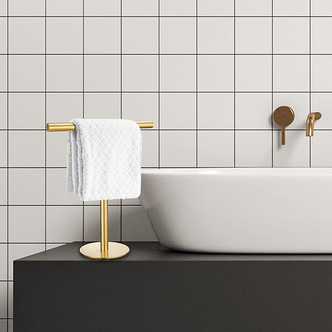 Elibbren Bath Hand Towel Holder Standing, Stainless Steel Golden Towel Bar Rack Stand for Bathroom and Kitchen Vanity Countertop, Modern Towel Holder，1 Pack