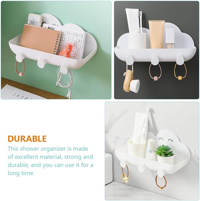 Cloud-Shaped Hanging Bathroom Shelf with Hooks, White Plastic Wall Storage Rack for Home Bathroom Organizer and Wall-Mounted Storage Basket