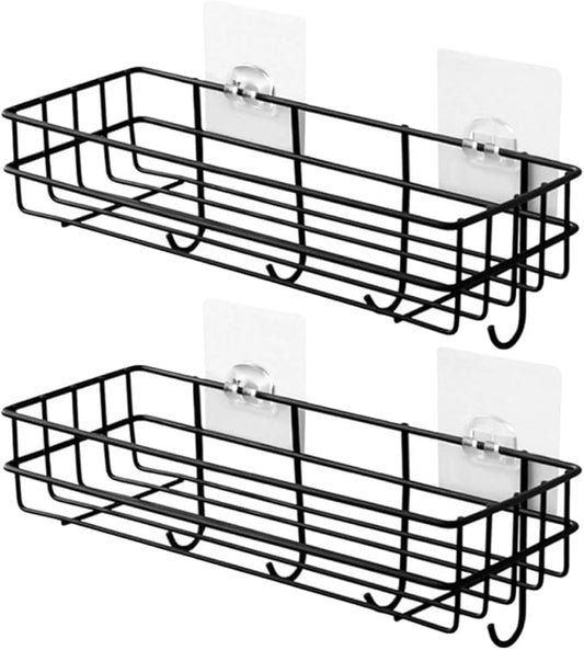 Gadpiparty Wall-Mounted Iron Storage Rack with Hooks Punch-Free 2pcs Organizer Storage Shelf for Bathroom and Kitchen Black Metal Sundries Holder