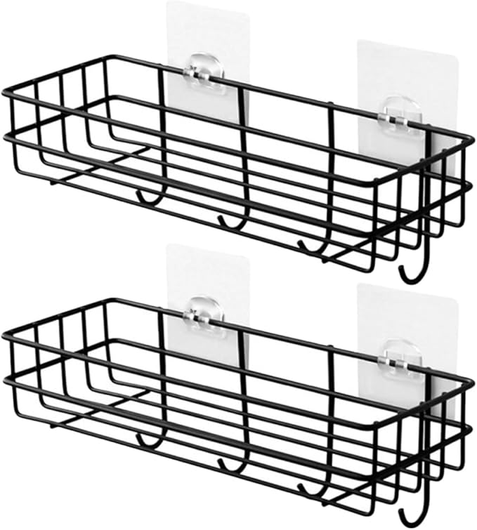 Veemoon Wall-Mounted Punch-Free Storage Rack with Hooks 2pcs, Iron Material, Nail-Free Organizer Shelf for Bathroom Kitchen, Black Bathroom Hanging Storage Solution