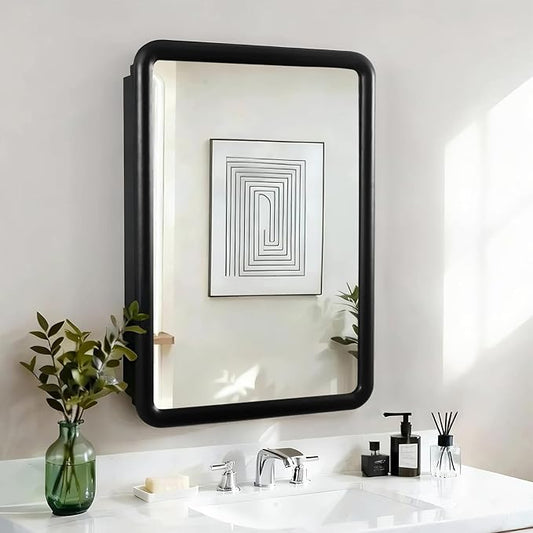 Bathroom Medicine Cabinet with Black Wood Framed Mirror, Recessed or Wall Mount Bathroom Vanity with Storage Shelves 17.5x26 inch