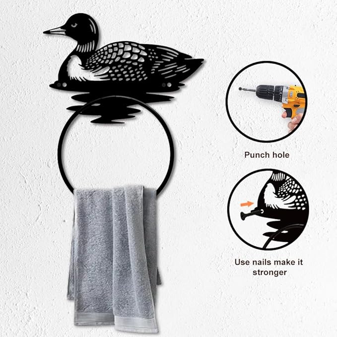 MAYJOYDIY Loon Metal Towel Ring Metal Hand Towel Holder Rustic Wall Mounted Towel Ring Water Animals Wall Decor Towel Rack Metal Hand Towel Ring for Kitchen Home Hanging Gifts Decorations