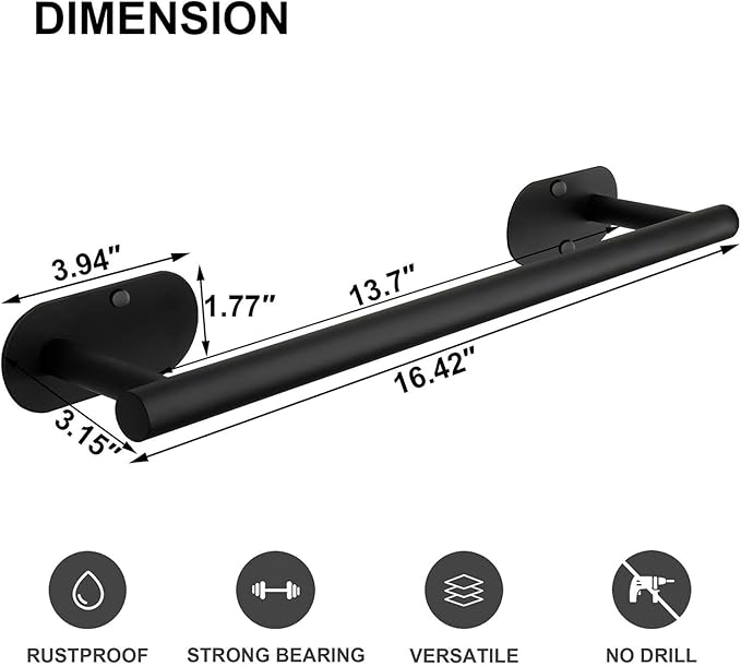TocTen Self Adhesive Bathroom Towel Bar, Stick Towel Rack for Bathroom, Rustproof Stainless Steel Bath Towel Holder No Damage, Easy to Install Drill Free Towel Rod for Bathroom (Matte Black, 16 Inch)