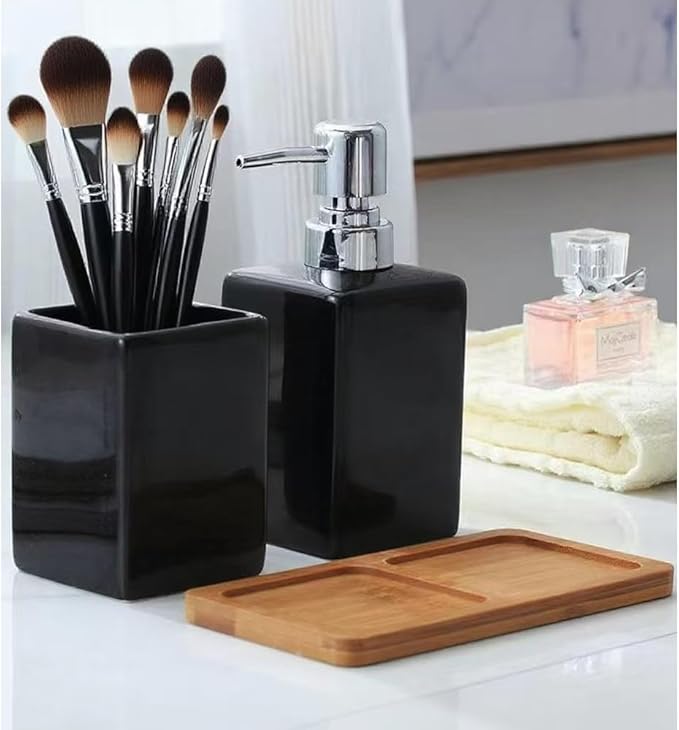 Black Soap Dispenser and Toothbrush Holder with Tray,Ceramic Bathroom Accessories Set Modern Decor Bath Set,Countertop Organizer