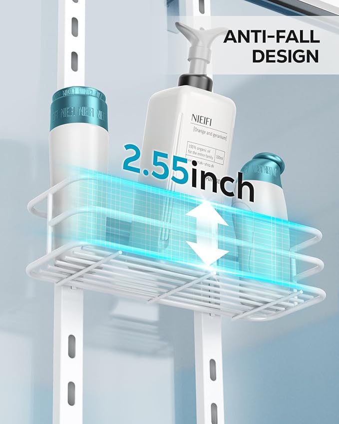 Nieifi Over the Door Shower Caddy, Adjustable 3 Tier Hanging Shower Organizer with Soap Holder Bathroom Shelves with Hooks, White
