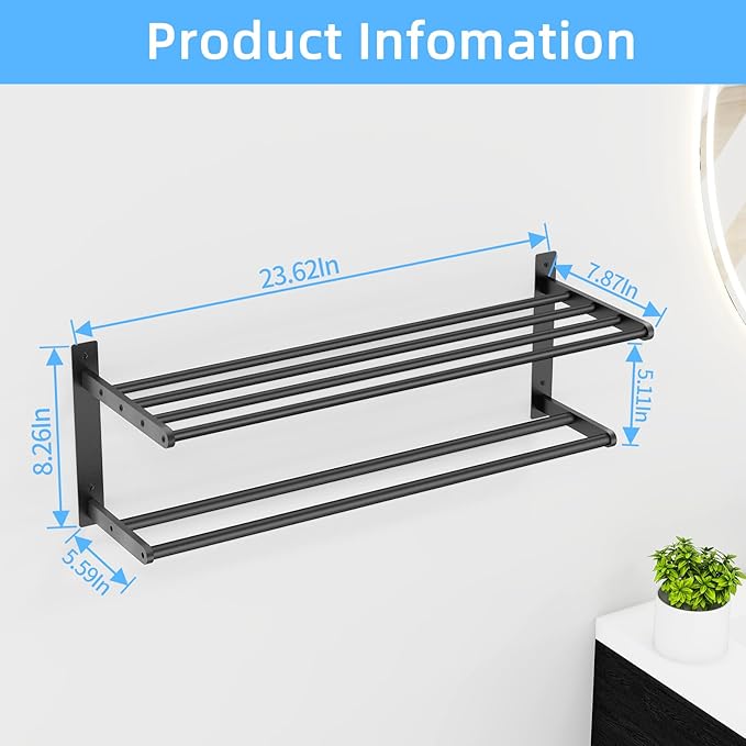 Bathroom Towel Rack 24", 2 Tier Towel Racks for Bathroom Wall Mounted, Bathroom Shelf with Double Towel Bar, Stainless Steel Towel Storage for Bathroom Lavatory Towel Holder Hanger, Black