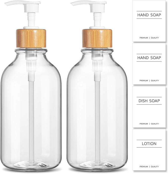 KASUNTING Clear Soap Dispenser, 2 Pack Plastic Dish Soap Dispenser for Kitchen, 17 Fl Oz Bathroom Hand Soap and Lotion Dispensers Set with Bamboo Pump, Refillable Liquid Soap Bottles
