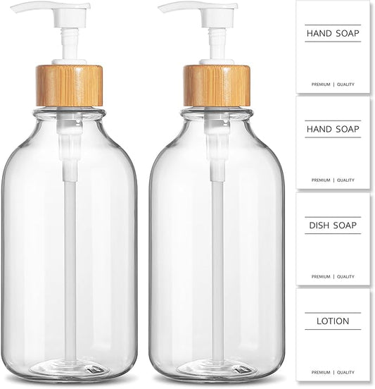 KASUNTING Clear Soap Dispenser, 2 Pack Plastic Dish Soap Dispenser for Kitchen, 17 Fl Oz Bathroom Hand Soap and Lotion Dispensers Set with Bamboo Pump, Refillable Liquid Soap Bottles