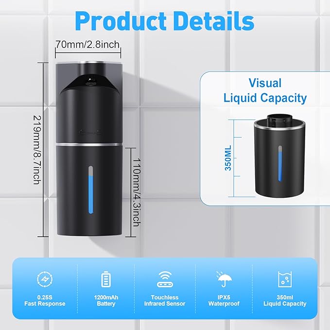 Fantictas Automatic Soap Dispenser,Touchless Hand Wall Mount Rechargeable 3 Gear Adjustable Electric Soap Dispenser 350ml with Infrared Motion Sensor for Bathroom,Kitchen,Office, Black Foam