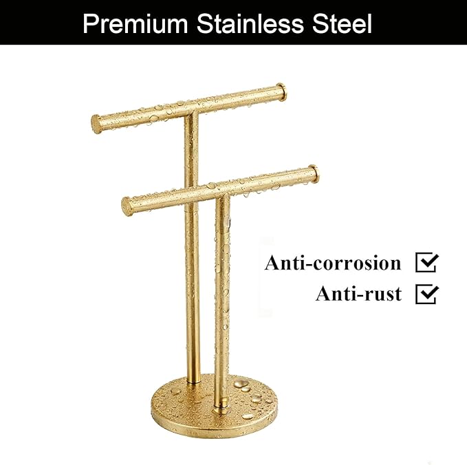Hand Towel Holder, NEWRAIN Double Countertop Hand Towel Holder Stand, Stainless Steel Free Standing Hand Towel Rack with Heavy Base, for Bathroom Kitchen & Counter top, Brushed Gold