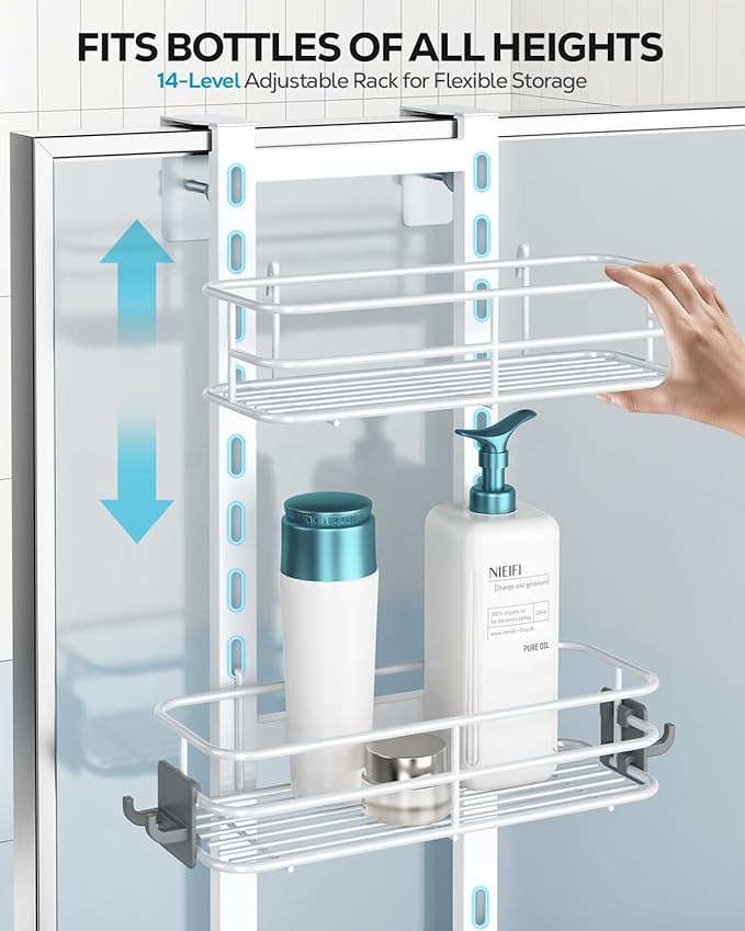 Nieifi Over the Door Shower Caddy, Adjustable 3 Tier Hanging Shower Organizer with Soap Holder Bathroom Shelves with Hooks, White