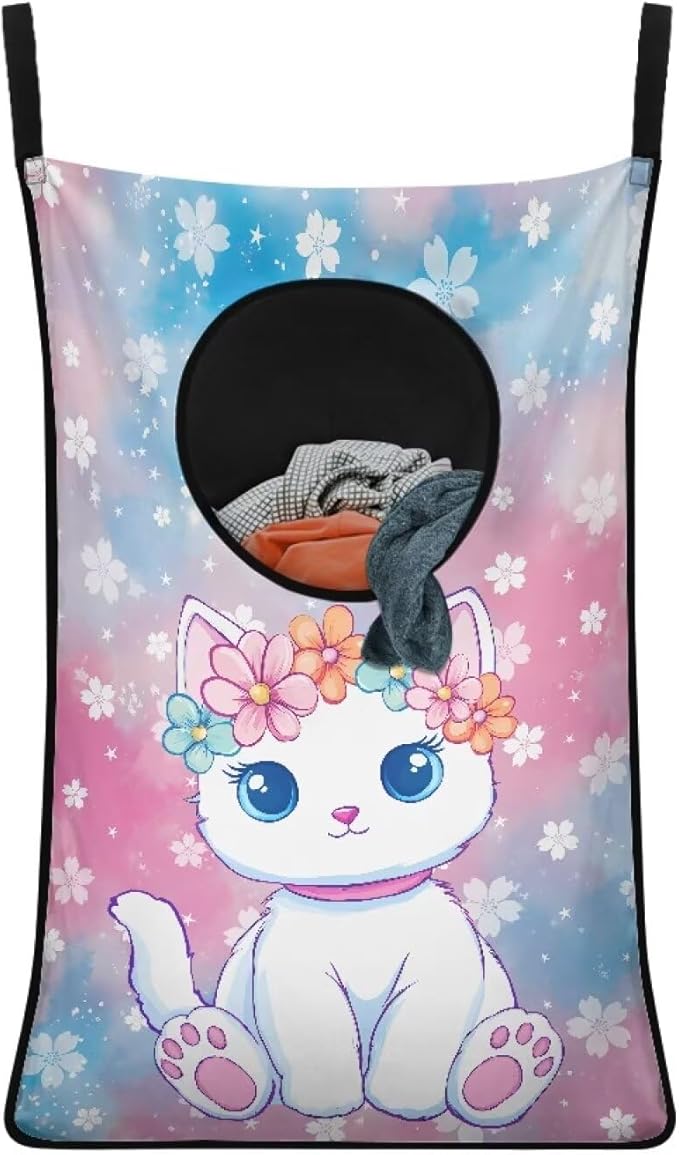 ZOUTAIRONG Cute White Cat Print Hanging Laundry Bag Over The Door Laundry Hamper Clothes Basket for Closet Toys Storage Organizers Home Bedroom Space Saving Hampers