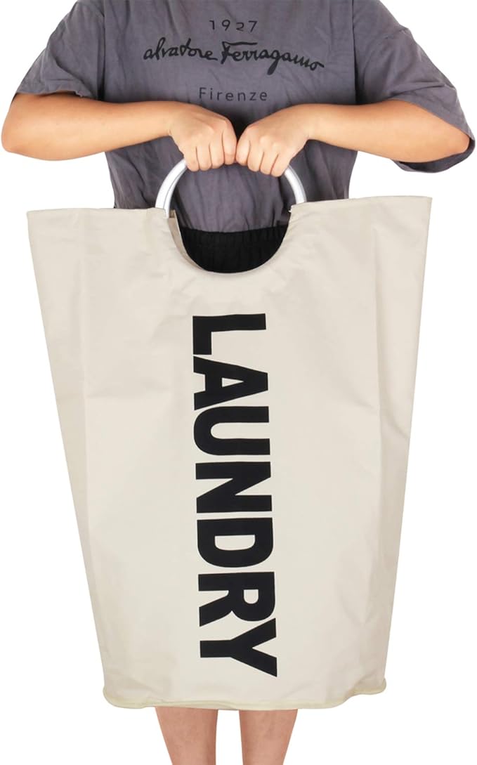 Tall Laundry Hamper Bag Collapsible, Large Laundry Basket with Sturdy Handles, Fabric Dirty Clothes Bin for Laundry, College Dorm, Boys, Man, Durable, Heavy Duty Two-Layer - White
