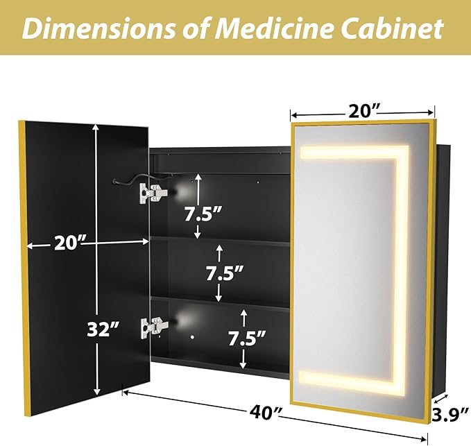 ROOMTEC Lighted Medicine Cabinet with Mirror 40"x32", Wall Mounted Bathroom Mirror with Storage, 2 Doors Bathroom Wall Cabinet with LED Lights,Gold