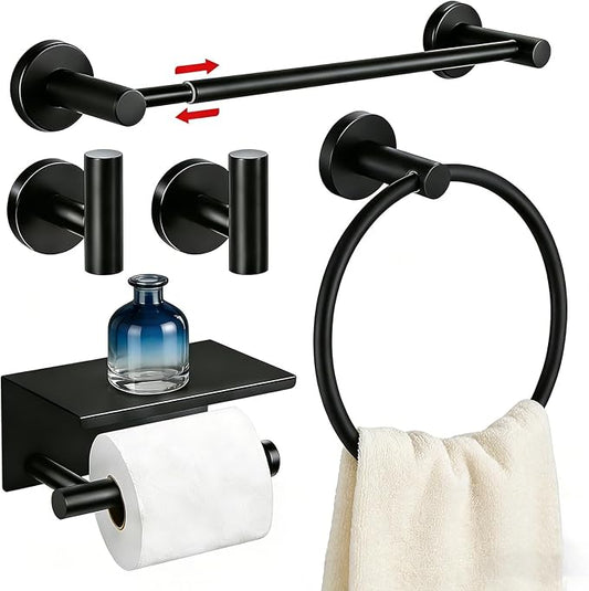 5-Piece Adjustable Towel Bar Set 16.5–25.7 Inch, Matte Black SUS304 Stainless Steel Bathroom Hardware Set with Toilet Paper Holder, Wall Mounted, Rust Resistant