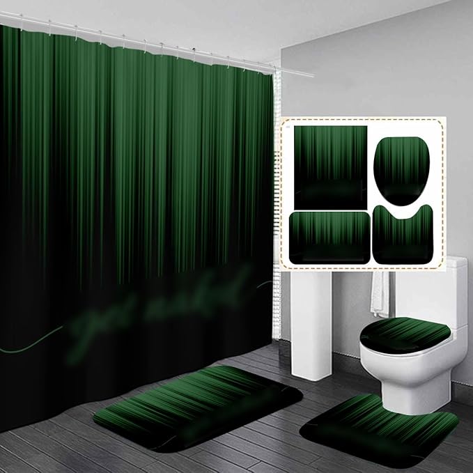 AAtter 4 Piece Green and Black Shower Curtain Get Naked Ombre Men Gothic Cool Art 60Wx72L Curtains Decor with Non-Slip Rugs, Toilet Lid Cover and Bath Mat Bathroom Accessories Home Bathtub Set, Modern