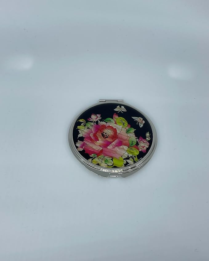 Portable Makeup Compact Double Magnifying Mirror Cosmestic Foldable Pocket Style Unique Mother of Pearl Design (Rose)