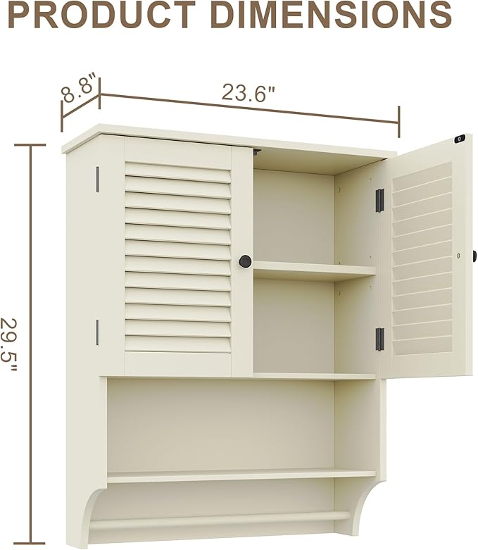 ChooChoo Bathroom Wall Cabinet with Towels Bar, 23.6" L x 8.8" W x 29.5" H MDF Material Medicine Cabinet, 2 Doors Over The Toilet Space Saver Storage Cabinet with Large Space, Cream Yellow