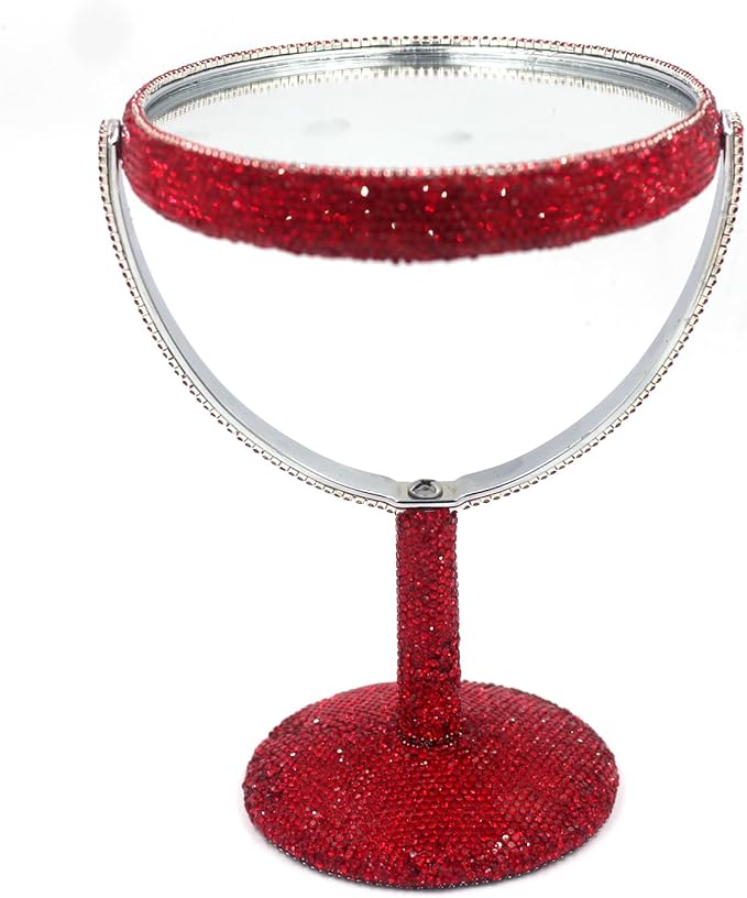 Bling Bling 6-Inch Double-Sided Tabletop Makeup Mirror, Oval Metal Makeup Mirror with 1:2 Magnifying Mirror, Rotating Mirror for Vanity (Red)