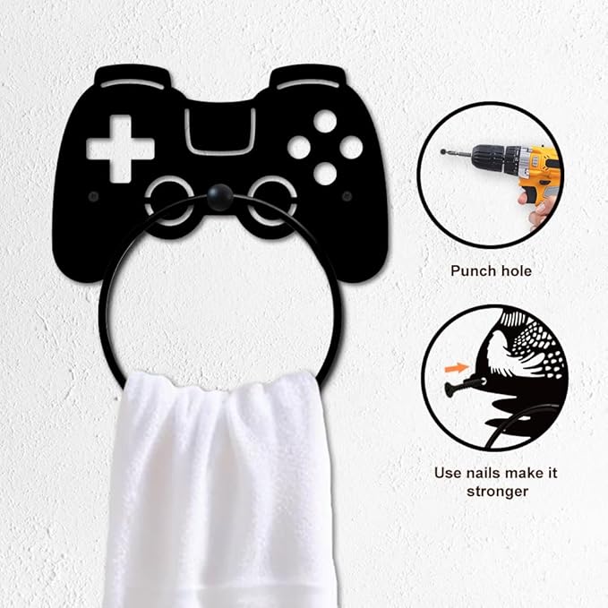 MAYJOYDIY Game Controller Metal Towel Ring Gamepad Shaped Sign Towel Holder for Gamer Room Decor Gamepad Black Art Towel Rack Wall Mounted for Bathroom Kitchen Home Boys Room Decors Gift