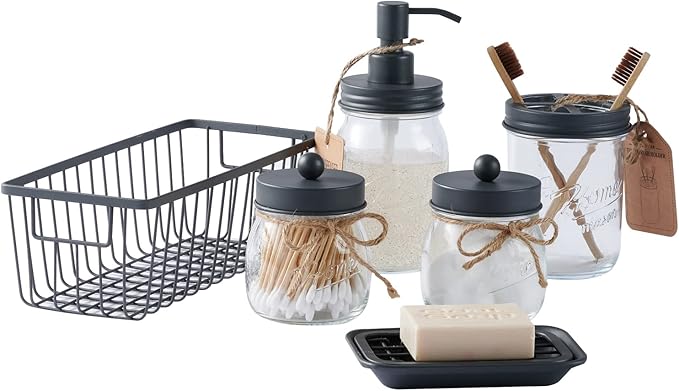SheeChung 6Pcs Mason Jars Bathroom Accessories Set - Toothbrush Holder, Soap Dispenser, Qtip Holders, Soap Dish, Wire Paper Storage, Farmhouse Bathroom Decor (Vintage Grey, 6Pcs Bathroom Set)
