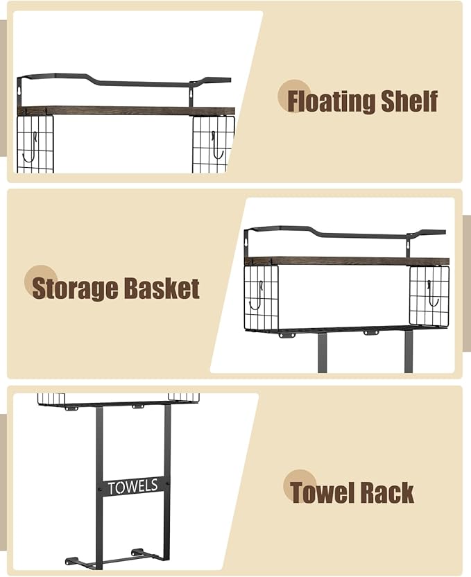 Rustic Brown Wood Vertical Towel Rack - Bath Wall Holder Set Above Toilet Storage, Rolled Towel Shelf Organizer for Small Bathrooms