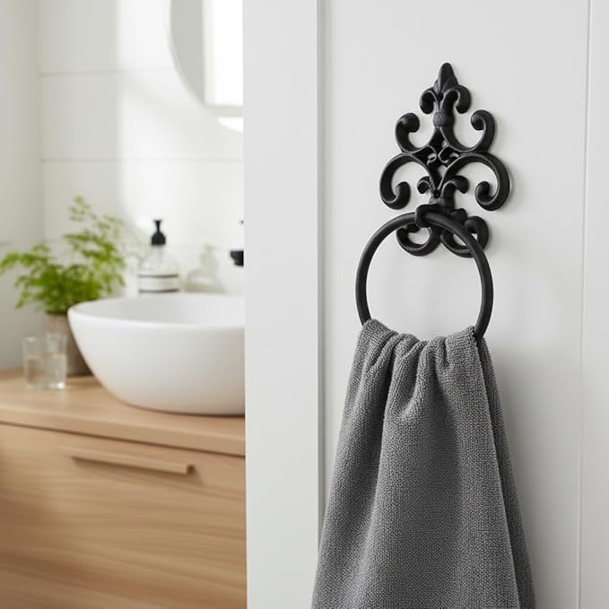 Comfy Hour Victorian Scroll Decorative Towel Ring, Heavy Duty Cast Iron Hand Towel Holder for Bathroom, Vintage Rustic Wall Mounted Metal Hanger, Aged Old Fashioned Black, 1 Unit