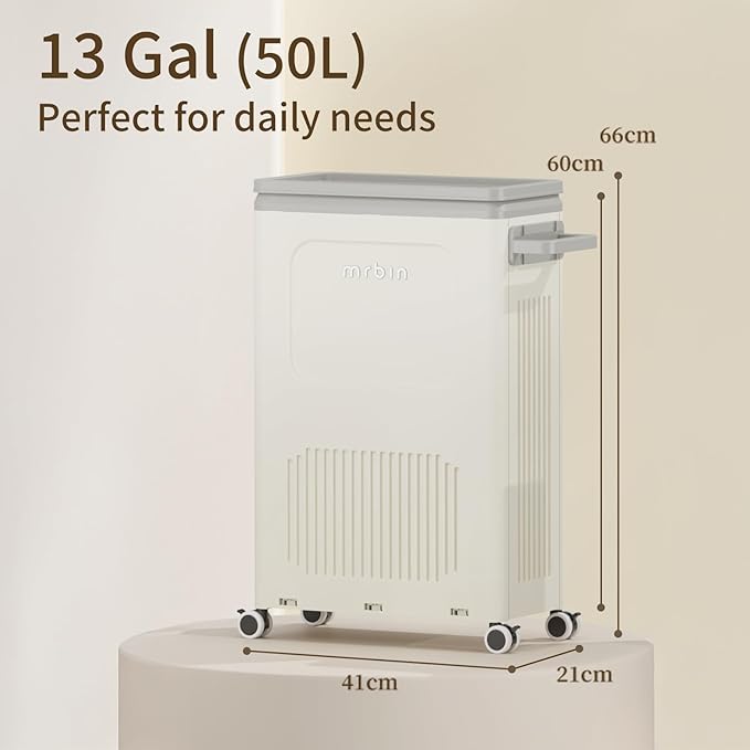 Mrbin Slim Wheeled Laundry Hamper Plastic with Lid, 50L / 13gal Closet Rectangle Basket Containers, Narrow Storage Bins Rolling Utility Organizer Boxes Cart for Bathroom, Clothing, Pantry, White