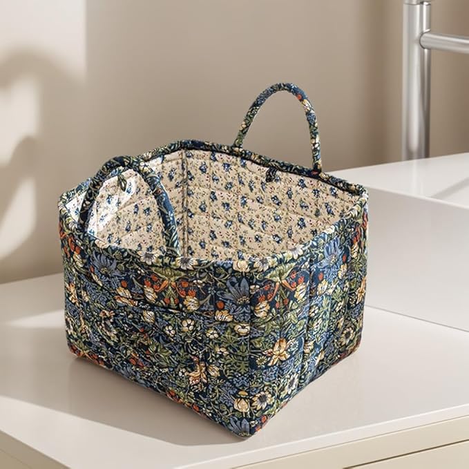 Quilted Fabric Storage Basket Boho Floral Laundry Hamper with Handle Foldable Floral Basket Organizer for Car Bedroom