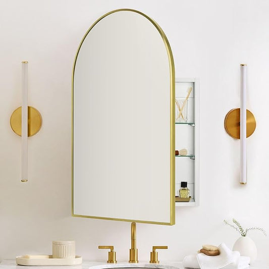 TEHOME 20 x 30'' Brush Gold Arched Bathroom Medicine Cabinet with Mirror Recessed and Surface Mount Medicine Cabinet Mirror