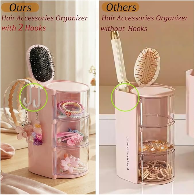 Girls Hair Accessories Organizer with Hair Brush Holder,Hair Organizer Storage With 2 Hooks For Girls,3 Layer Hair Tie Organizer (Pink)