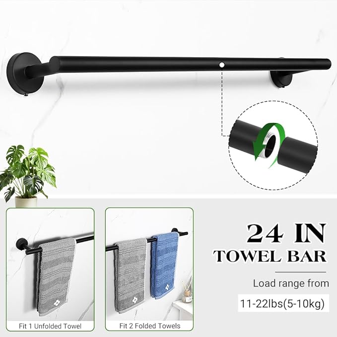 Matte Black Bathroom Towel Bar Set, 14-Piece Stainless Steel Hardware Bathroom Accessories, 16" and 24" Towel Racks for Bathroom Walls