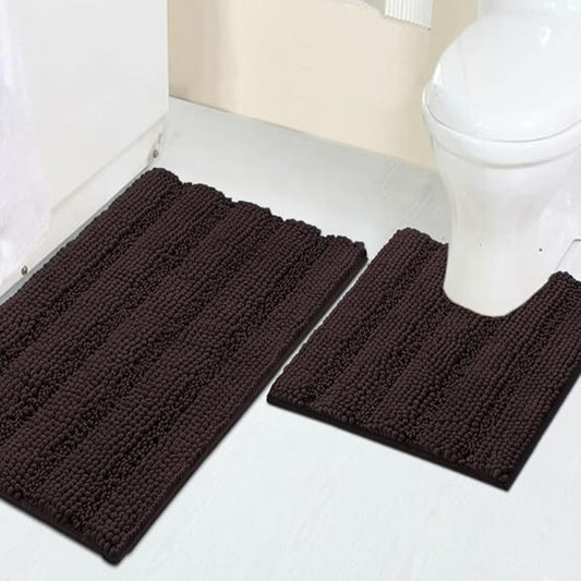 Turquoize Chenille Bathroom Rugs Set Non-Slip Bath Mats for Bathroom Super Absorbent Shaggy Shower Mat for Tub Kitchen Plush Bath Rug Plus U Toilet Mat (Standard: 20" x 32" and 20" x 20" U), Chocolate