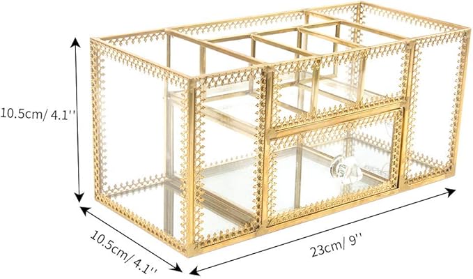 Yamfurvo Makeup Organizer Handmade Vintage Brass Frame Makeup Brush Holder Glass Makeup Brushes Storage Cosmetic Organizer Makeup Vanity Decoration Jewelry Box