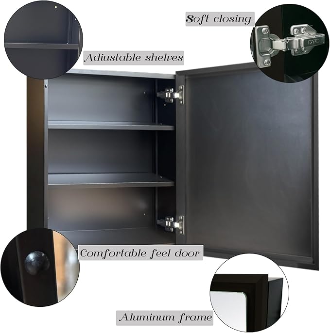 Bathroom Medicine Cabinet with MirrorSurface Mount Vanity Mirror Cabinet, Single Door Cabinet Famerhouse Bathroom with Storage (Brush Black, 24x24 Inch)