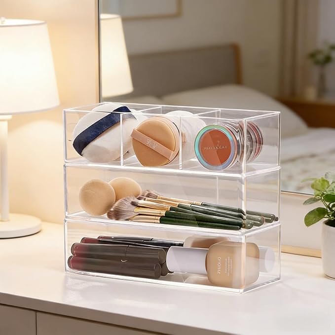 Acrylic Makeup Organizer: Drawer Organizer for Bathroom - Stackable Cosmetic Display Cases for Vanity Countertop and Makeup Storage Containers (3-Compartment)