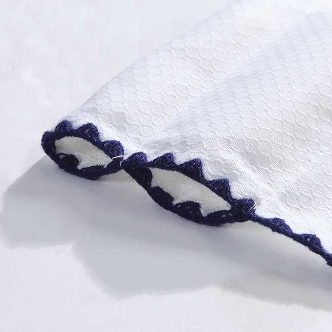 Arlene Blue Stitched Embroidery Edge Boho Window Curtain,White Tassel Panel Pair, Each 42" W x 84" L,Total 84" W x 84" L