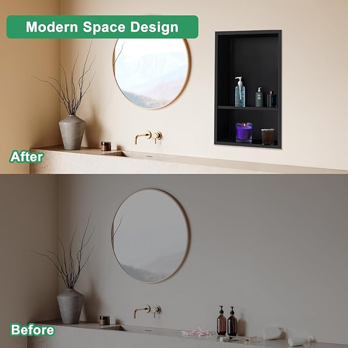 SaniteModar Shower Niche, Stainless Steel Shower Niche No Tile Needed, Recessed for Bathroom Storage (Black, 18" x 12" Double)