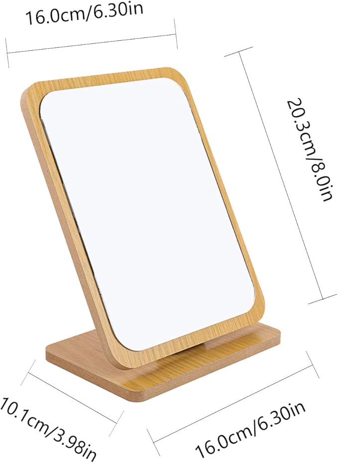 1 PC Rectangular Compact Table Mirror Vertical Wood Frame Mirror Table Mirror 90 Degree Rotation Makeup Mirror Back Stand Makeup Mirror (Vertical)