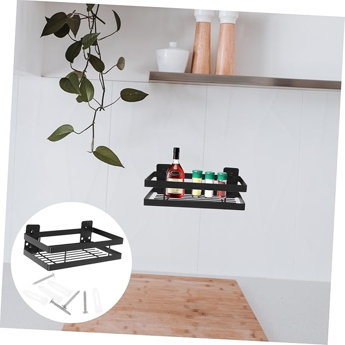 Mobestech Wall Mounted Bathroom Storage Rack Adhesive Iron Art Shelf for Bathroom Kitchen and Bedroom No Drill Organizer for Makeup Toiletries and Seasoning Modern Design