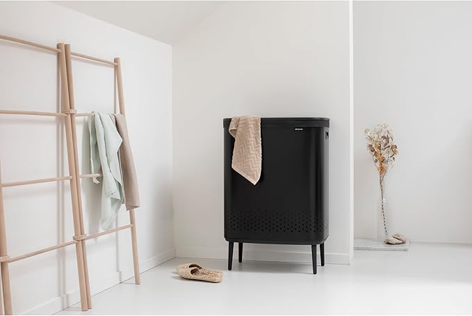 Brabantia Bo Laundry Hamper Hi (Matt Black) 2 Compartment Removable Laundry Bag 2 x 12 Gal, Ventilated Stylish Dirty Clothes Holder, Flat Back, Off-the Ground, Anti-Rust Materials for Bathroom Use