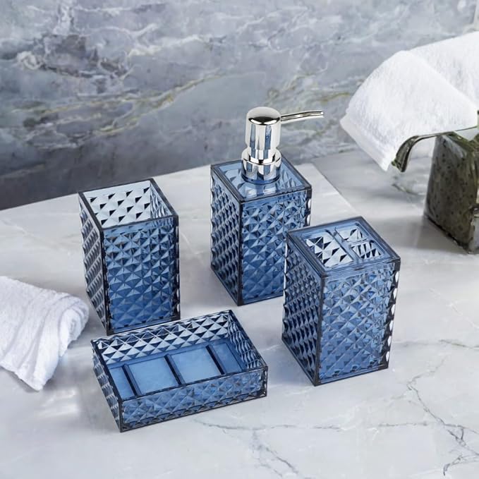 Blue Bathroom Accessories Set, 4 PCS Dark Navy Blue Bathroom Accessories Sets Complete, Diamond Pattern Bathroom Soap Dispenser and Toothbrush Holder Set, Boho Bathroom D??cor and Accessories