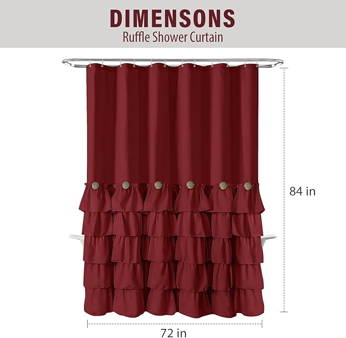 Seasonwood Burgundy Shower Curtain with Nature Buttons Extra Long Shower Curtain Ruffle Shower Curtains Farmhouse Shower Curtains for Bathroom 72" W x 84" L,Burgundy/Red