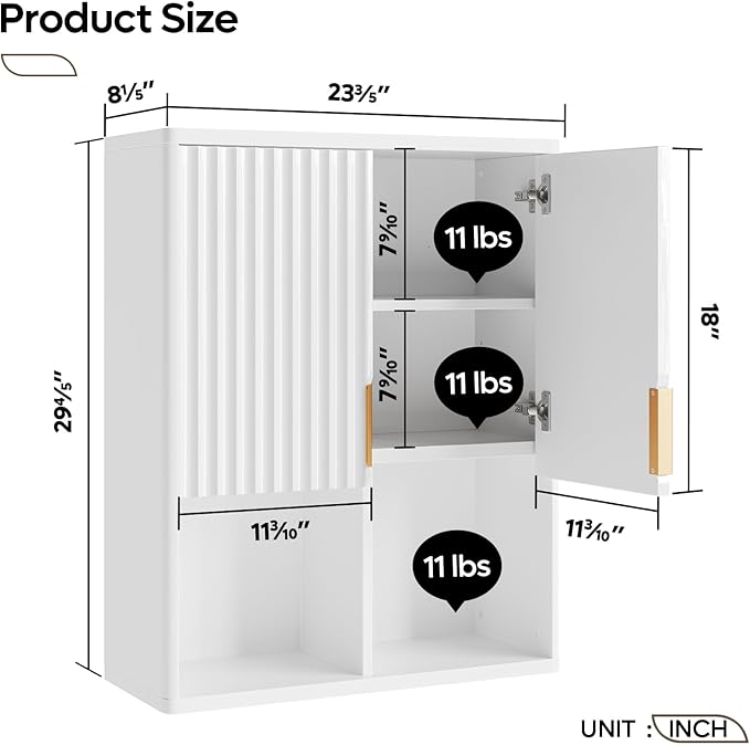 Besiter Fluted Bathroom Wall Cabinet, 23"x 29" Wall Mounted Medicine Cabinet with 2 Doors & Adjustable Shelves, Over The Toilet Storage Cabinet for Laundry Rroom, Kitchen & Living Room (Glossy White)