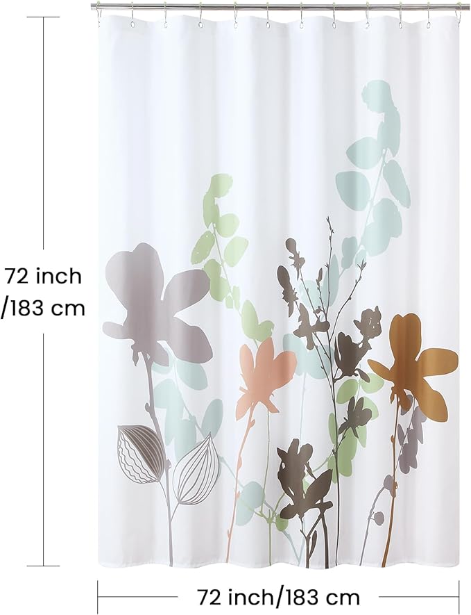 Modern Botanical Shower Curtain 72x72 Inches, Waterproof White Fabric with Brown & Green Branch Silhouette Print, 12 Metal Grommets & Weighted Hem