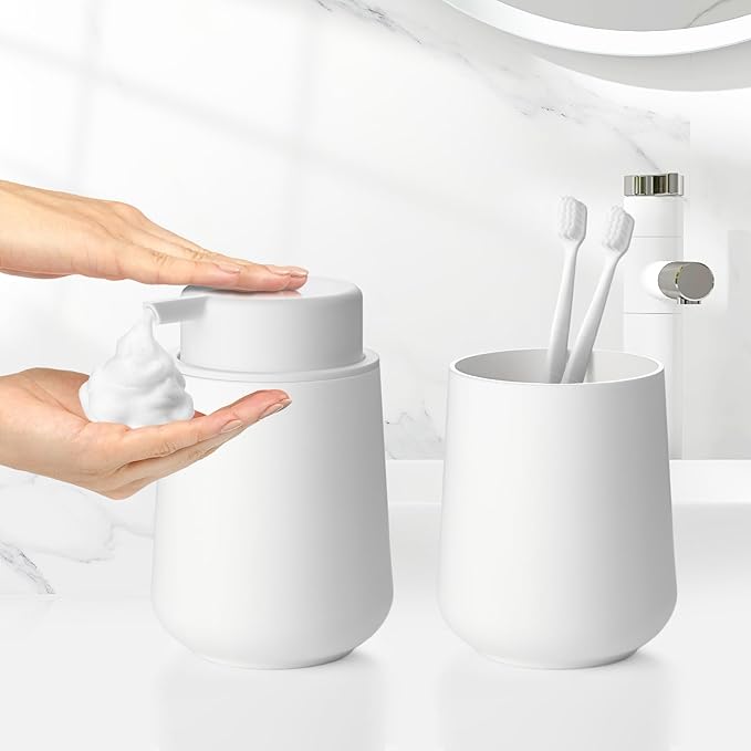 Matte White Bathroom Accessories Set Plastic Foaming Hand Soap Dispenser and Toothbrush Holders 2 Piece