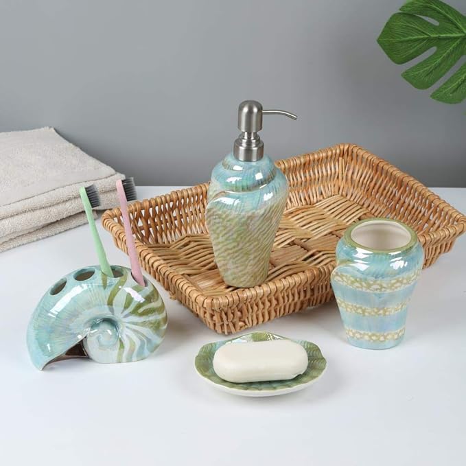 Ocean Conch Sea Shell Ceramic Bathroom Accessories Set of 4,1 Gargle Cups 1 Toothbrush Holders 1 Soap Dishes 1 Soap Dispenser (Green)